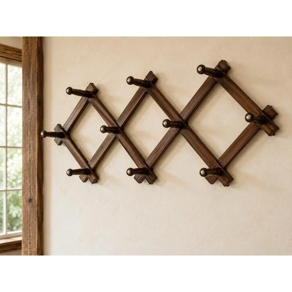 VTG Large Expandable Wooden Accordion 10 Peg Wall Hanger Mug Coat Hat Rack